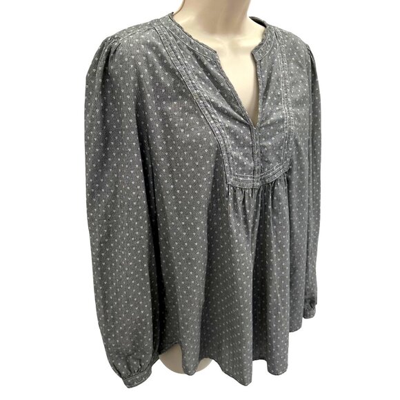 Loft Womens Gray Polka Dot Puffed Long Sleeve Cotton Smocked  Blouse Size L - Picture 2 of 7